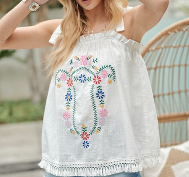 Embroidered Sleeveless Ruffle Tank Top