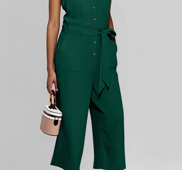 Green Buttoned Sleeveless Cropped Jumpsuit with Sash