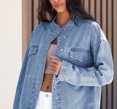 Sky Blue Roll-Up Tab Sleeve Button Down Pocket Denim Jacket