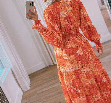 Orange Boho Floral Bishop Sleeve V Neck Tiered Maxi Dress