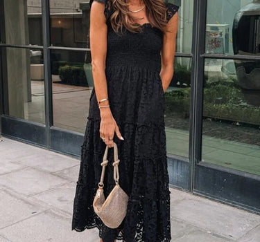 Black Lace Smocked Bodice Sleeveless Midi Dress