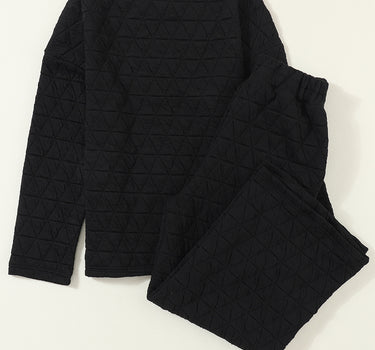 Black Solid Quilted Pullover and Pants Outfit