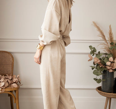 Jolene Apricot Keyhole Back V Neck Tie Waist Loose Jumpsuit