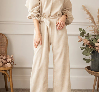 Jolene Apricot Keyhole Back V Neck Tie Waist Loose Jumpsuit