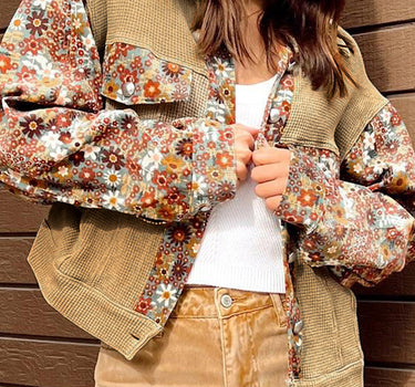 Khaki Waffle Knit Floral Print Patchwork Button up Jacket