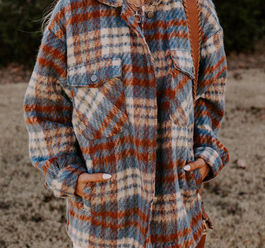 Cinnamon Plaid Print Chest Pockets Turn Down Collar Shacket