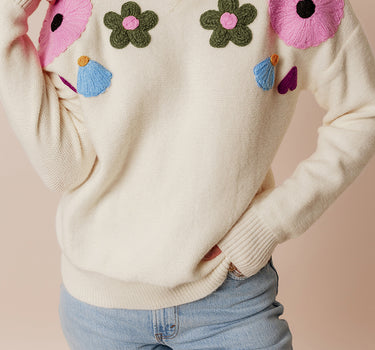 Beige Knitted Flower Pattern Ribbed Edge Sweater I