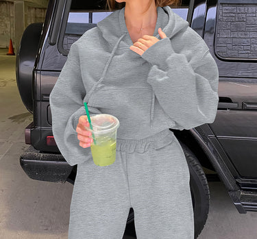 Gray Solid Drop Shoulder Hoodie and Joggers Activewear Set