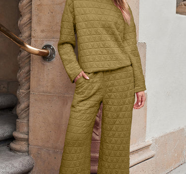 Sage Green Solid Quilted Pullover and Pants Outfit