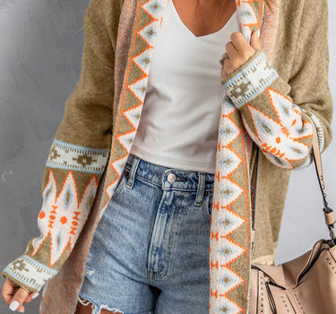 Khaki Aztec Print Open Front Knitted Cardigan