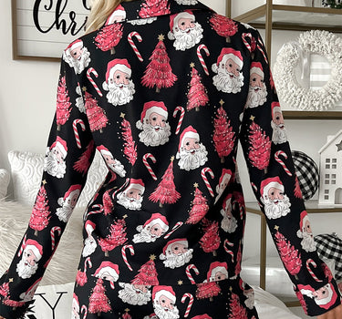 Black Christmas Santa Printed Two Piece Pajamas Set