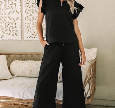 Black Textured Flutter Sleeve Top Wide Leg Pants Set