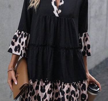 Black Leopard Trim V Neck Ruffled Sleeve Flared Dress