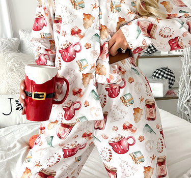 White Christmas Pattern Long Sleeve Shirt and Pants Pajama Set