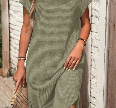 Jungle Green Waffle Texture Curved Hem Side Slit T-shirt Dress