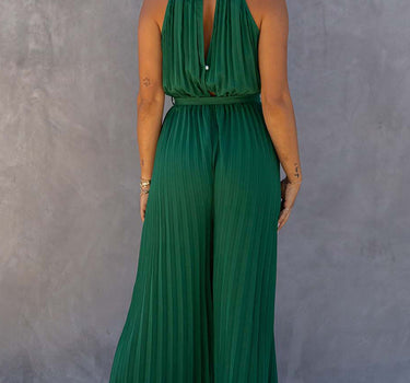 Green Halter Neck Pleated Wide Leg Jumpsuit with Belt