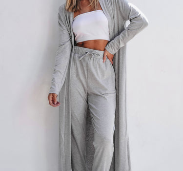 Light Grey Split Long Cardigan and Skinny Pants Lounge Set