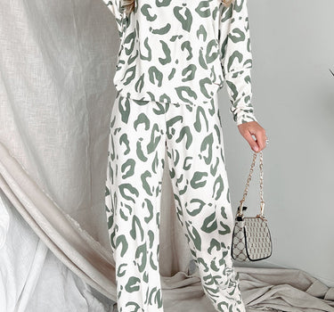 Beige Leopard Animal Print Long Sleeve and Pants Loungewear Set