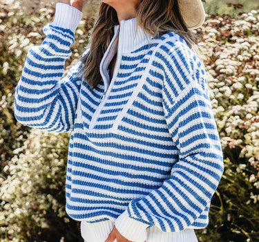 Sky Blue Stripe Zip up Collar Drop Shoulder Sweater