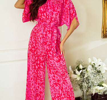 Rose Leopard Loose Sleeve Belted Wide Leg Jumpsuit