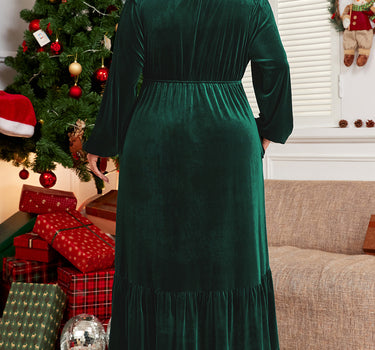 Blackish Green Velvet Frilled up Neck Ruffled High Waist Plus Size Midi Dress