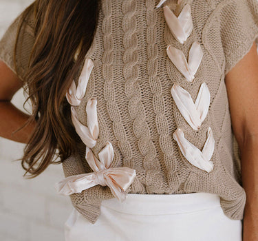 Simply Taupe Cable Knit Colorblock Satin Bowknot Short Sleeve Sweater