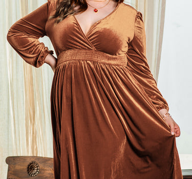 Camel Surplice V Neck Balloon Sleeve Velvet Dress