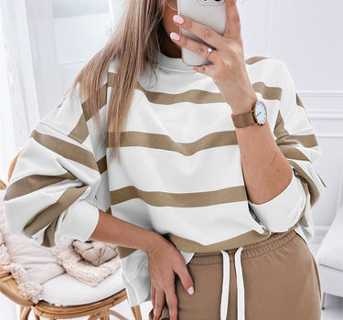 Light French Beige Striped Drop Shoulder Pullover and Jogger Pants Set