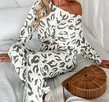 Beige Leopard Animal Print Long Sleeve and Pants Loungewear Set