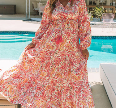 Orange Boho Holiday Paisley Print Tiered Long Sleeve Maxi Dress