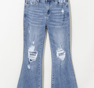 Dusk Blue High Rise Ripped Distressed Hem Flared Jeans