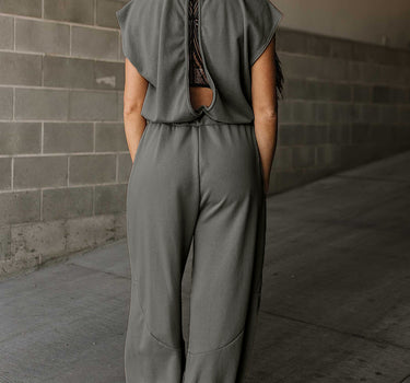 Medium Grey Cap Sleeve Open Back Drawstring Jogger Jumpsuit