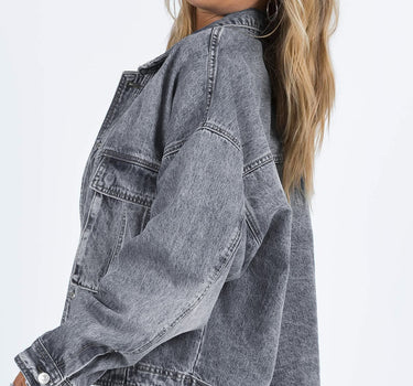 Gray Chest Pockets Drop Shoulder Loose Denim Jacket