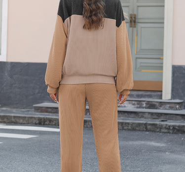 Khaki Corded 2pcs Colorblock Pullover and Pants Outfit