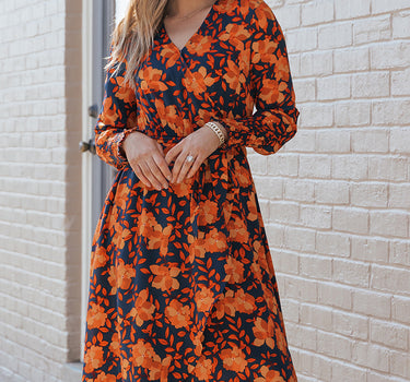 Orange Floral Print Faux Wrap Belted Dress