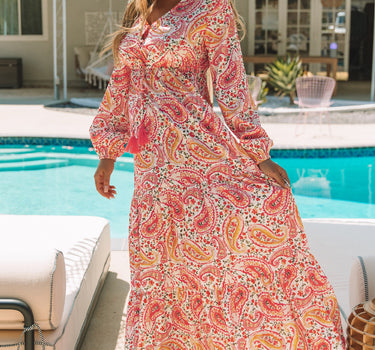 Orange Boho Holiday Paisley Print Tiered Long Sleeve Maxi Dress