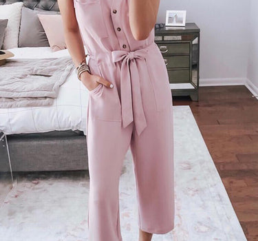 Pink Buttoned Sleeveless Cropped Jumpsuit with Sash