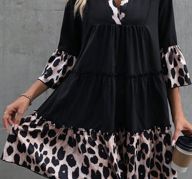 Black Leopard Trim V Neck Ruffled Sleeve Flared Dress