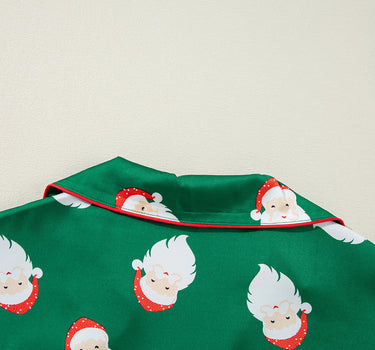 Green Christmas Santa Claus Print Satin Shirt and Shorts Pajama Set