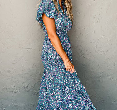 Blue Printed V Neck Shirred Short Puff Sleeve Maxi Dress