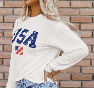 White USA Flag Corded Graphic Sweatshirt