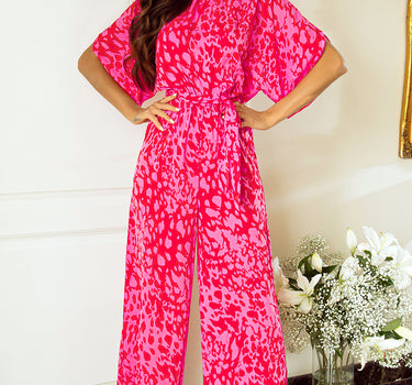 Rose Leopard Loose Sleeve Belted Wide Leg Jumpsuit