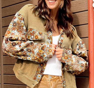 Khaki Waffle Knit Floral Print Patchwork Button up Jacket