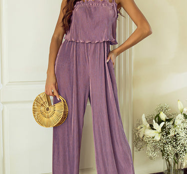 Rose Tan Solid Self Tied Straps Pleated Wide Leg Jumpsuit