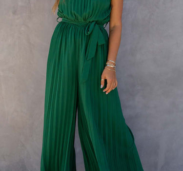 Green Halter Neck Pleated Wide Leg Jumpsuit with Belt