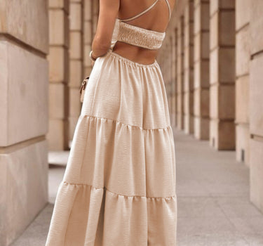 Oatmeal Crossover Backless Bodice Tiered Maxi Dress