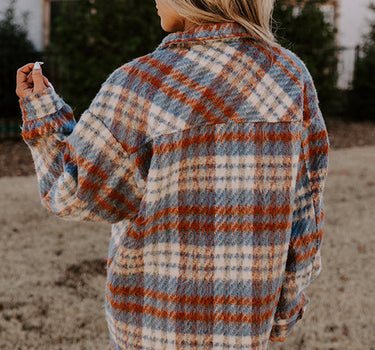 Cinnamon Plaid Print Chest Pockets Turn Down Collar Shacket