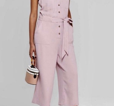 Pink Buttoned Sleeveless Cropped Jumpsuit with Sash