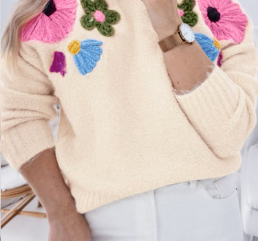 Beige Plus Size Crochet Flower Pullover Sweater