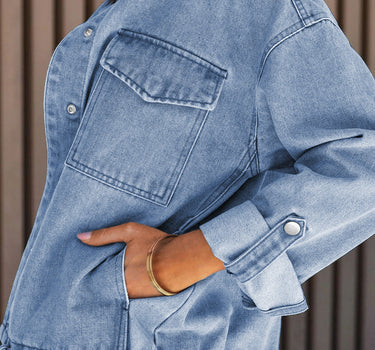 Sky Blue Roll-Up Tab Sleeve Button Down Pocket Denim Jacket